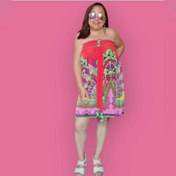 ACE FASHION WOMENS LARGE RED STRAPLESS MIDI SUN DRESS - Picture 2 of 7